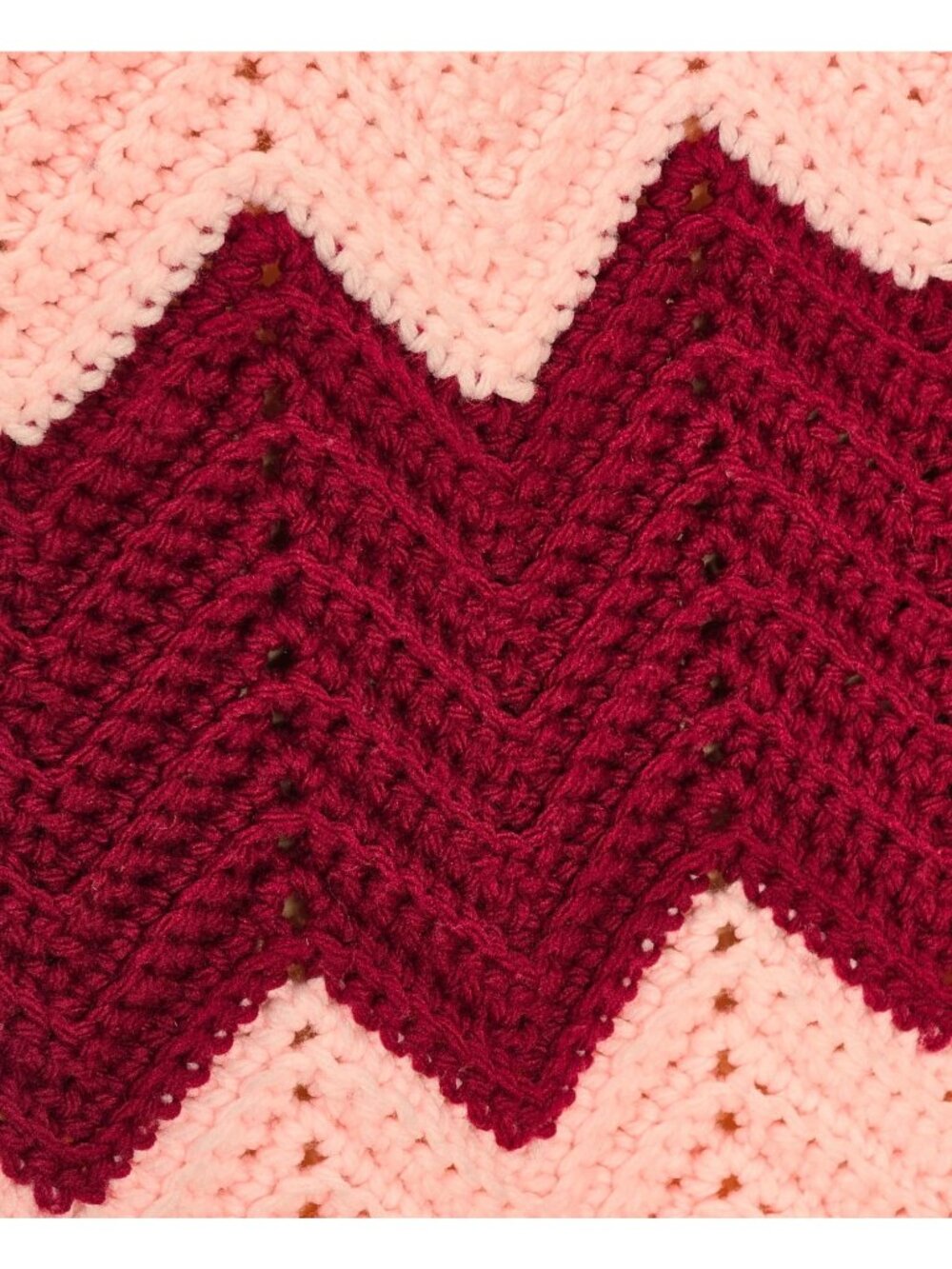Vintage Handmade Chevron Afghan Blanket Pink Burgundy Fringed Knitted 72" x 50" - Picture 4 of 8